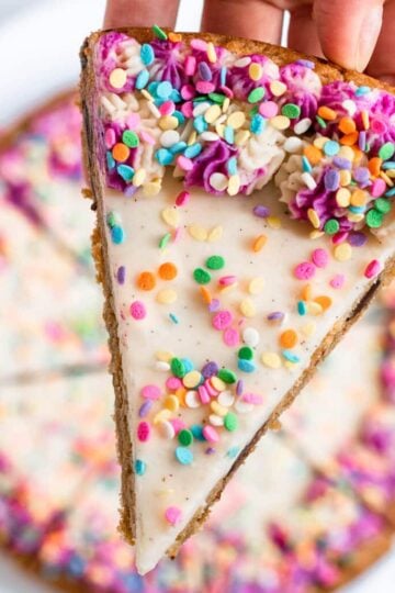 Vegan Chocolate Chip Cookie Cake with natural pink frosting