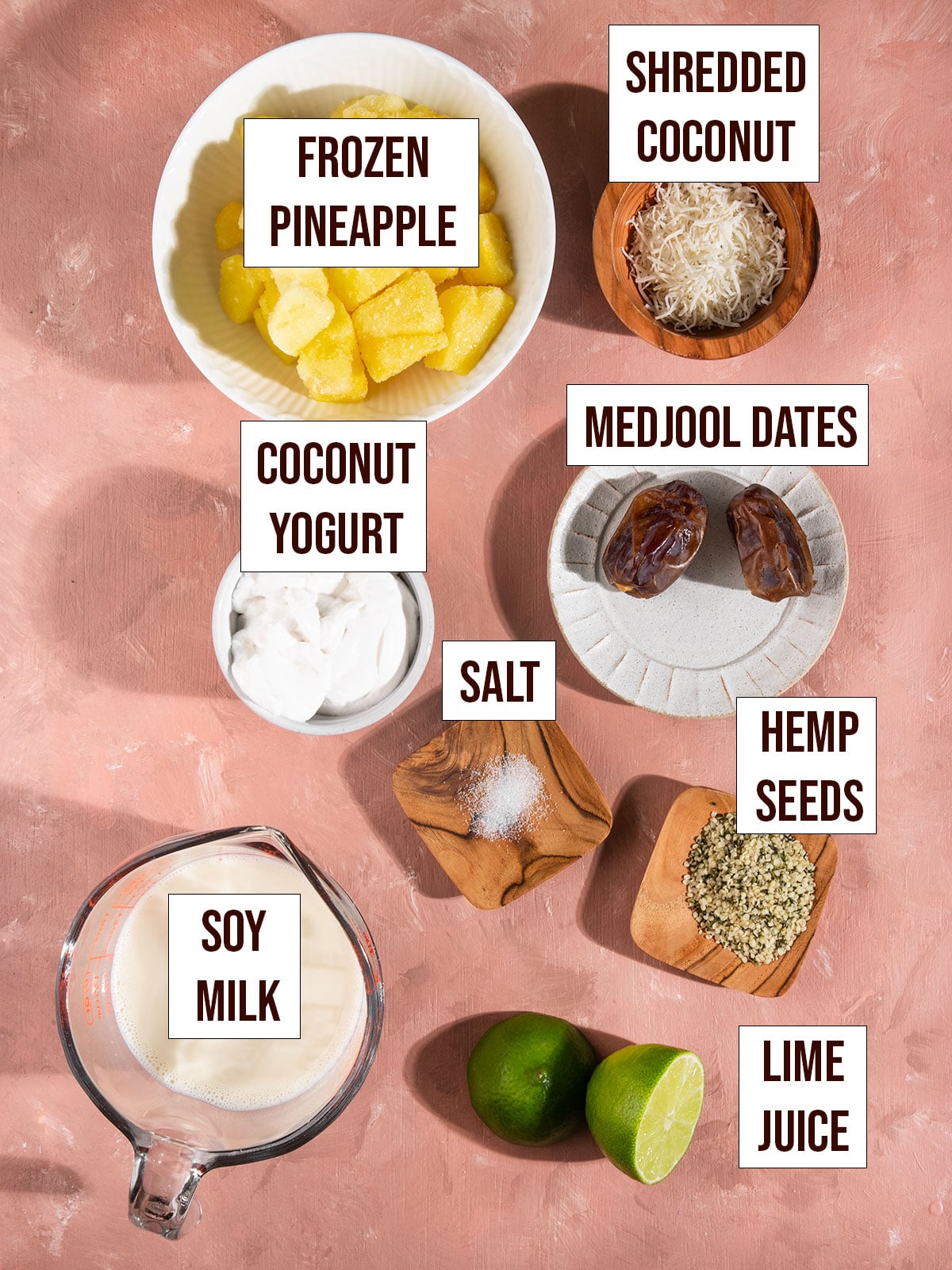 labeled ingredients for pina colada smoothie including oat milk, pineapple, coconut yogurt, dates, salt, hemp seeds, lime juice, and shredded coconut.