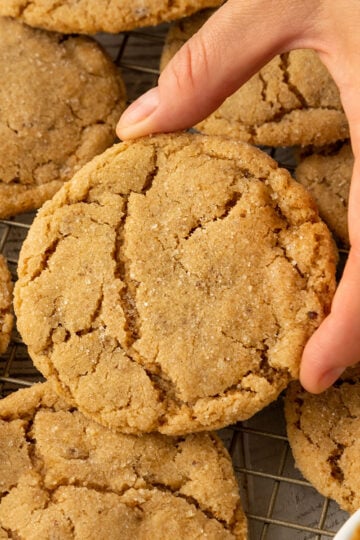 hand picking up peanut butter cookie from tray of cooking