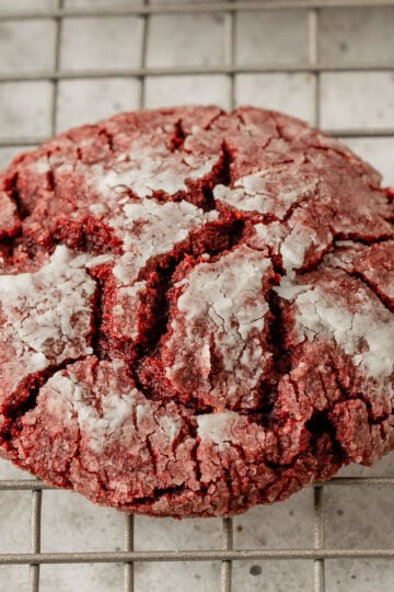 red velvet crinkle cooking on a wire baking rack
