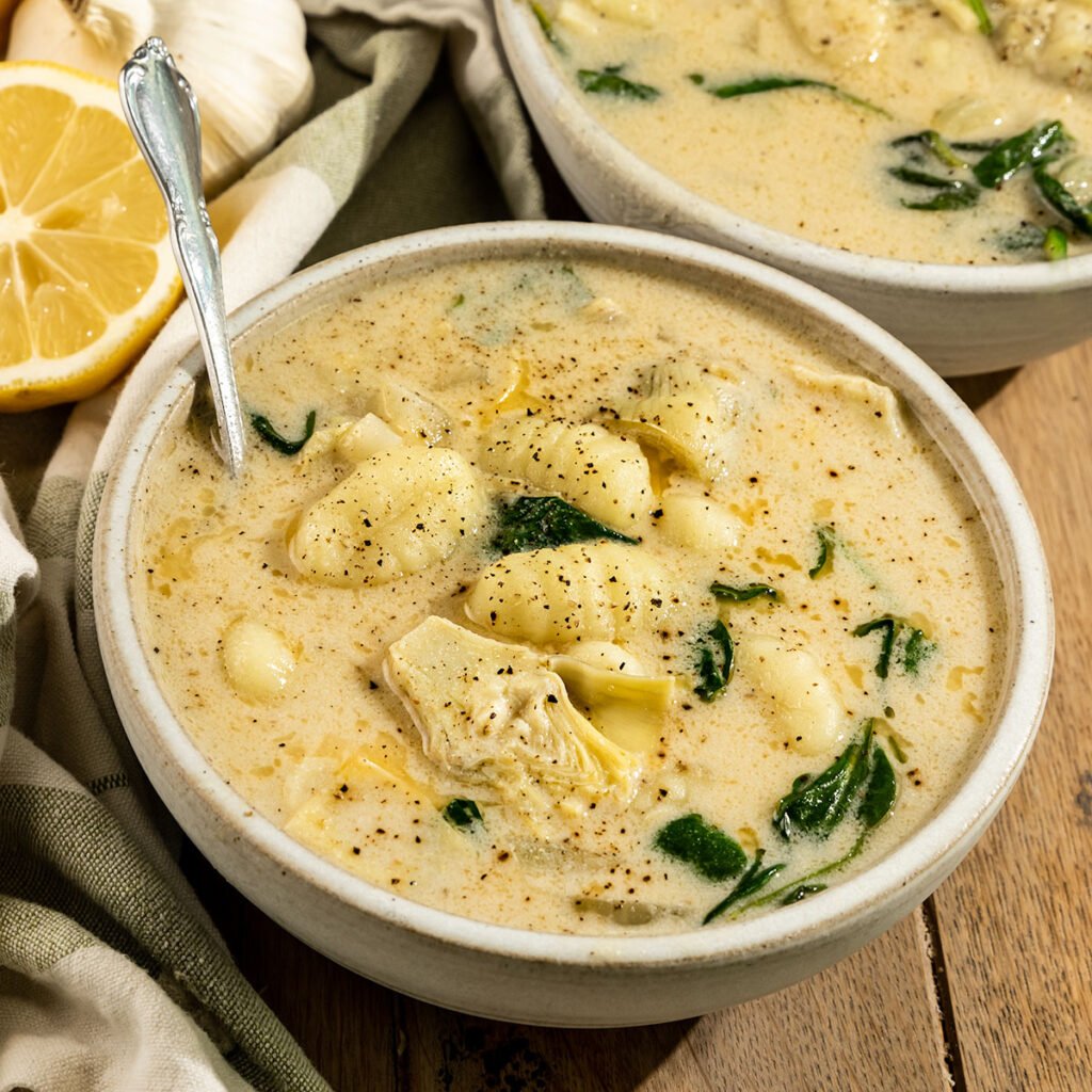 Vegan Spinach Artichoke Gnocchi Soup - ShortGirlTallOrder