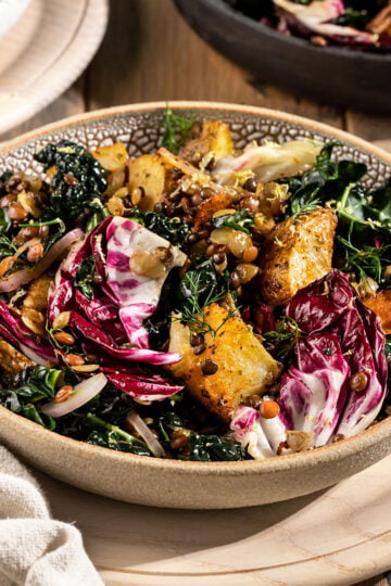 bowl of salad with kale, radicchio, roasted potatoes, lentils, shallot, dill, and dressing.