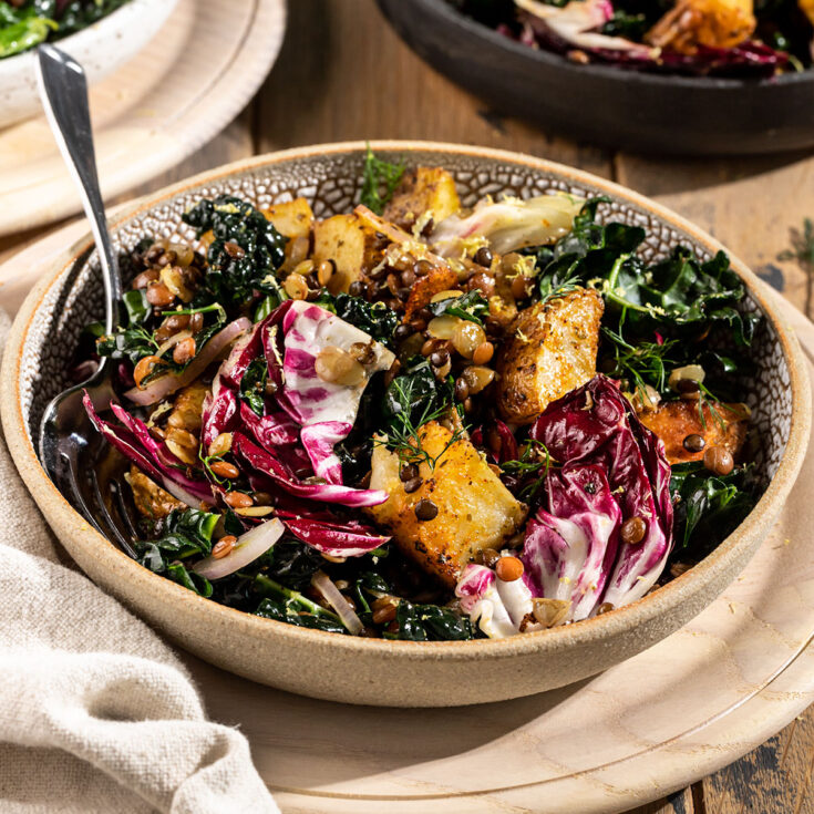 bowl of salad with kale, radicchio, roasted potatoes, lentils, shallot, dill, and dressing.
