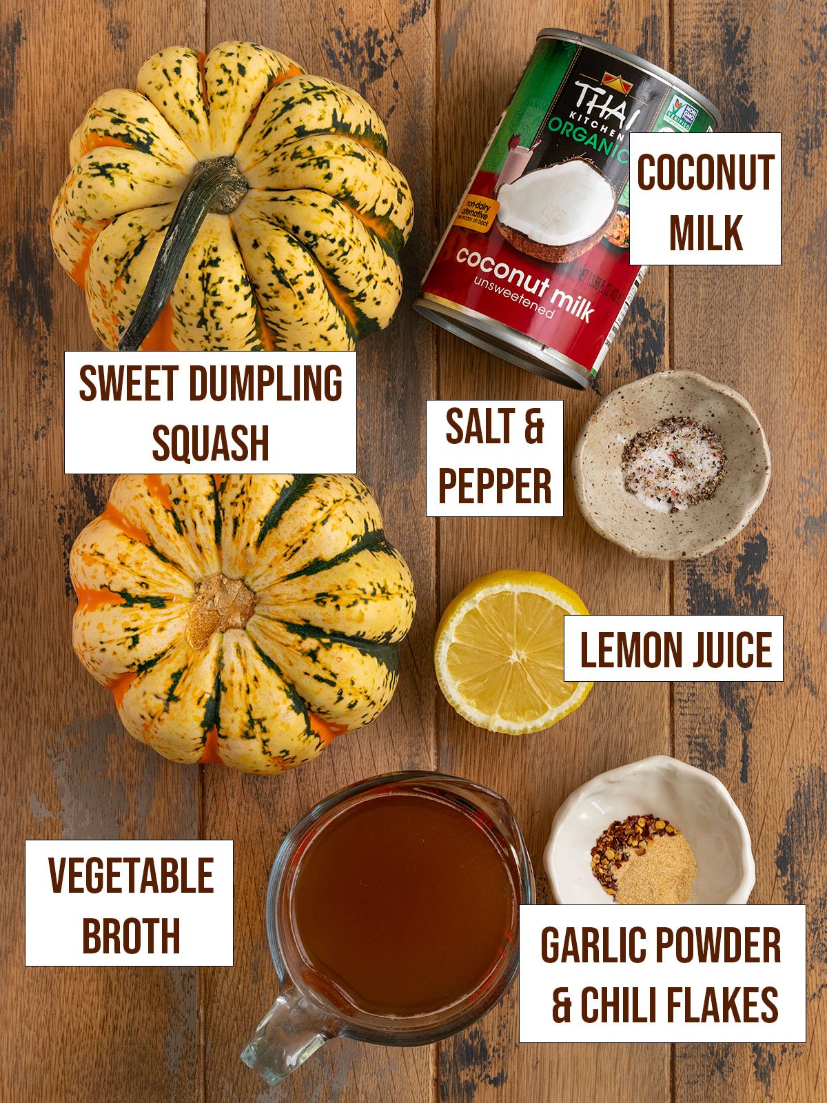labeled ingredients for sweet dumpling squash soup.