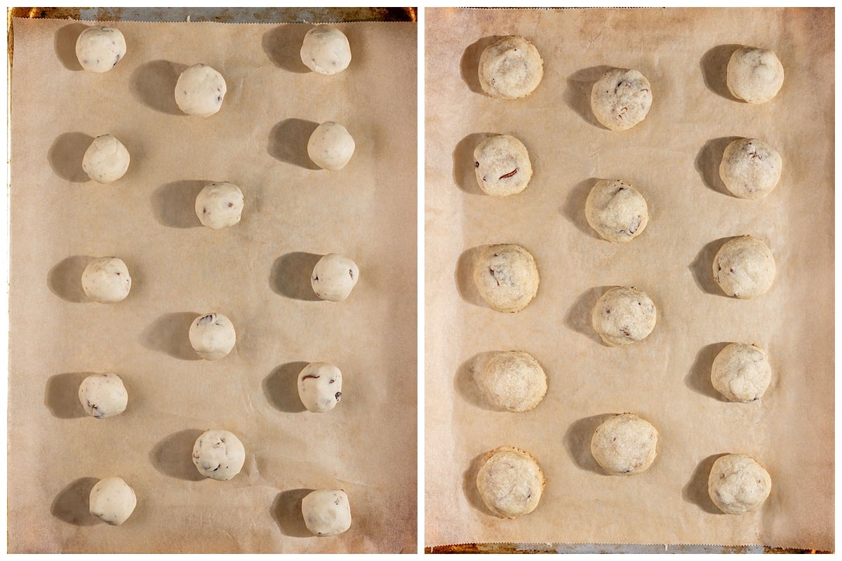 pecan snowball cookie dough balls on baking sheet before and after baking.