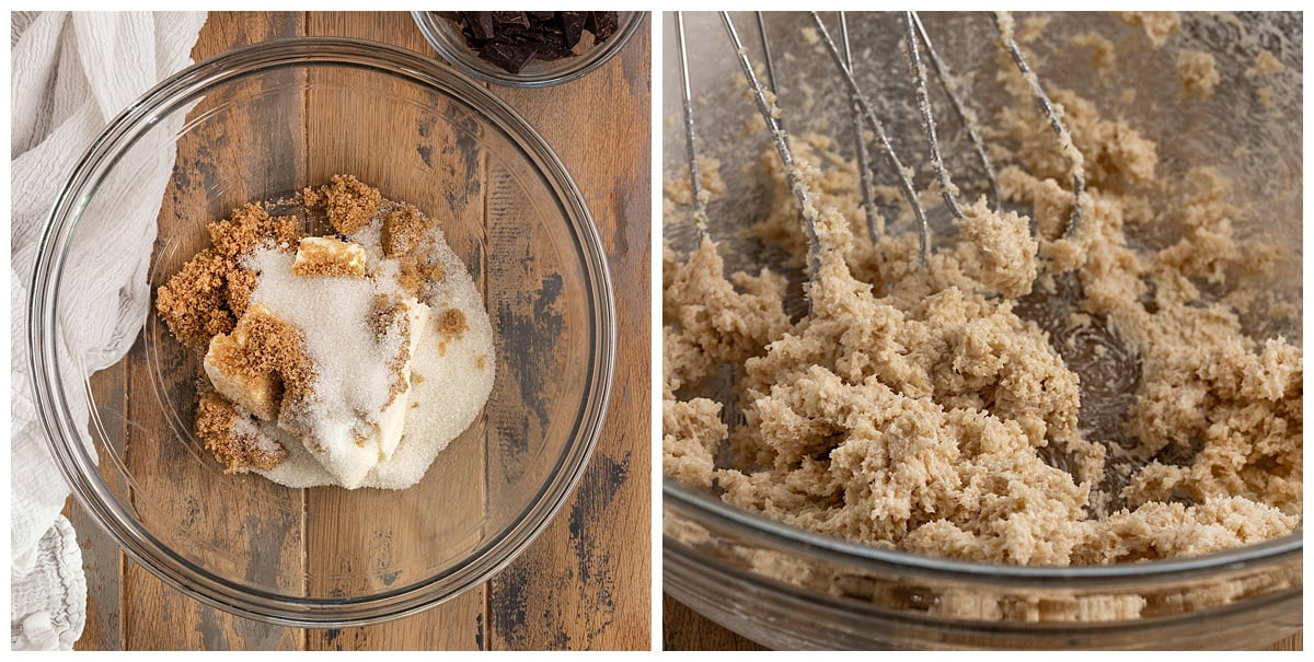 creaming butter white sugar and brown sugar in a glass mixing bowl.