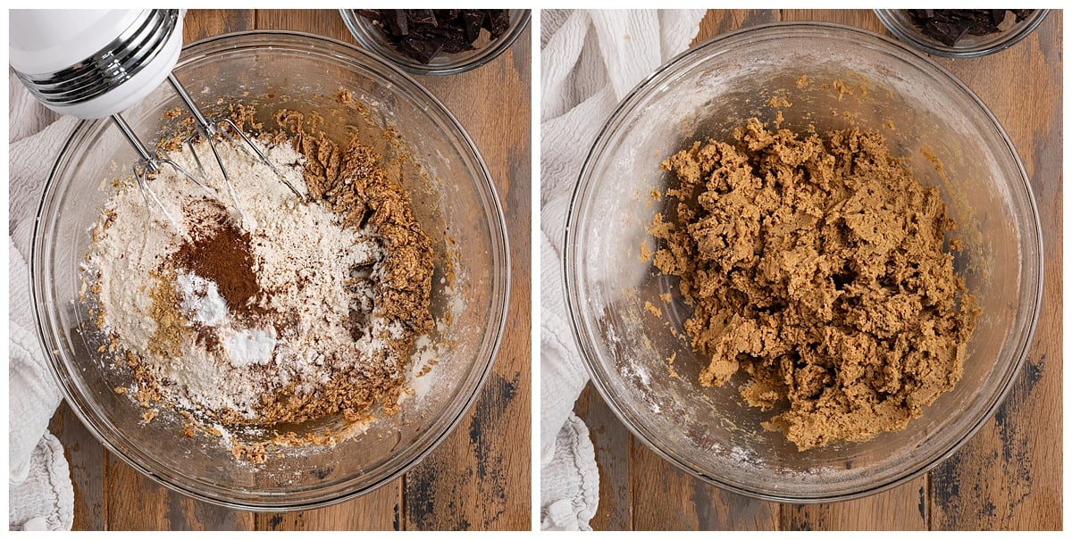 mixing flour and spices to make gingerbread dough in mixing bowl. 