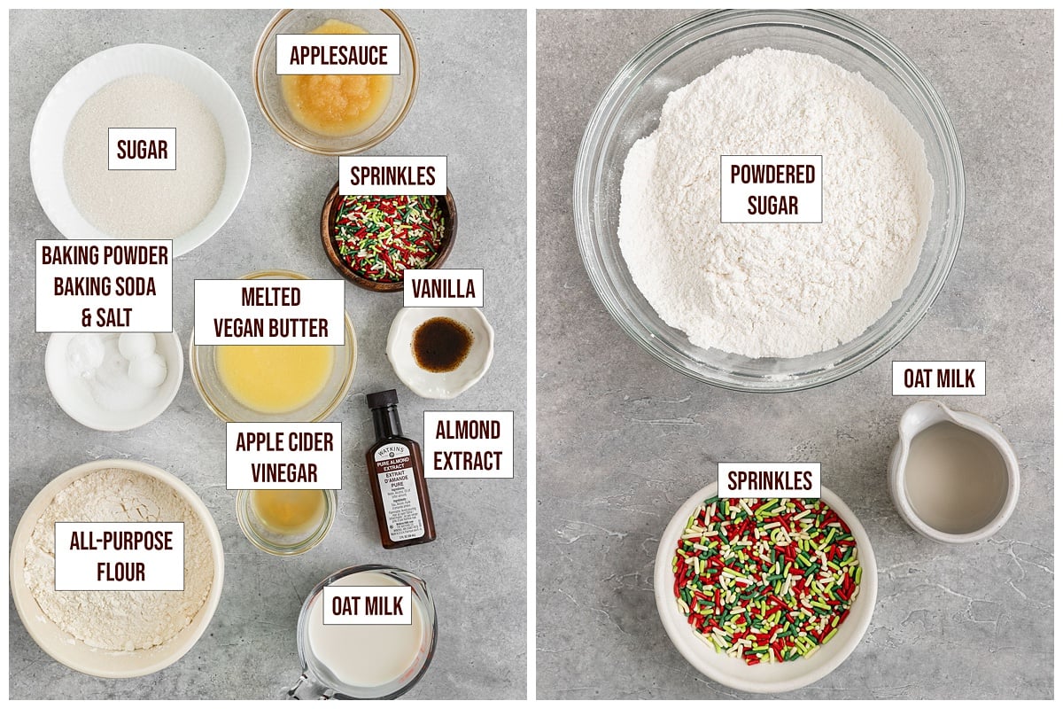 labeled ingredients for sugar cookie cake loaf with icing and rainbow sprinkles.