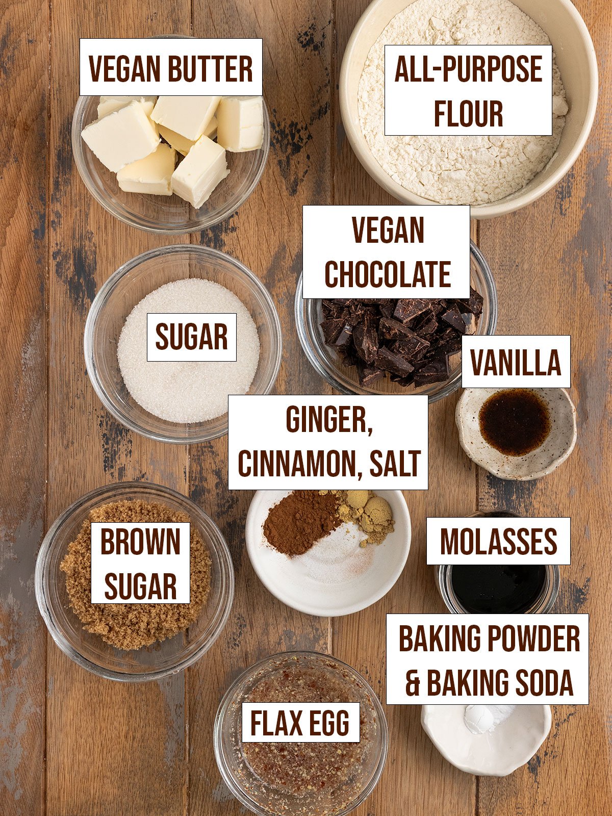 labeled ingredients for gingerbread chocolate chip cookie skillets.