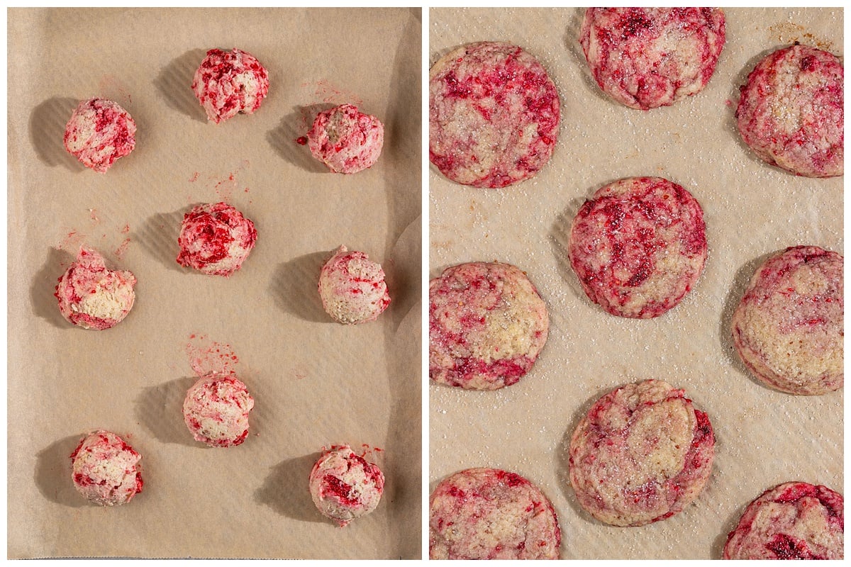 raspberry sugar cookie dough on a parchment lined baking tray before and after being baked.