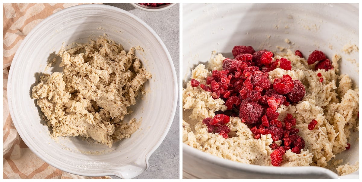 cookie dough in a bowl before and after adding in frozen raspberries.
