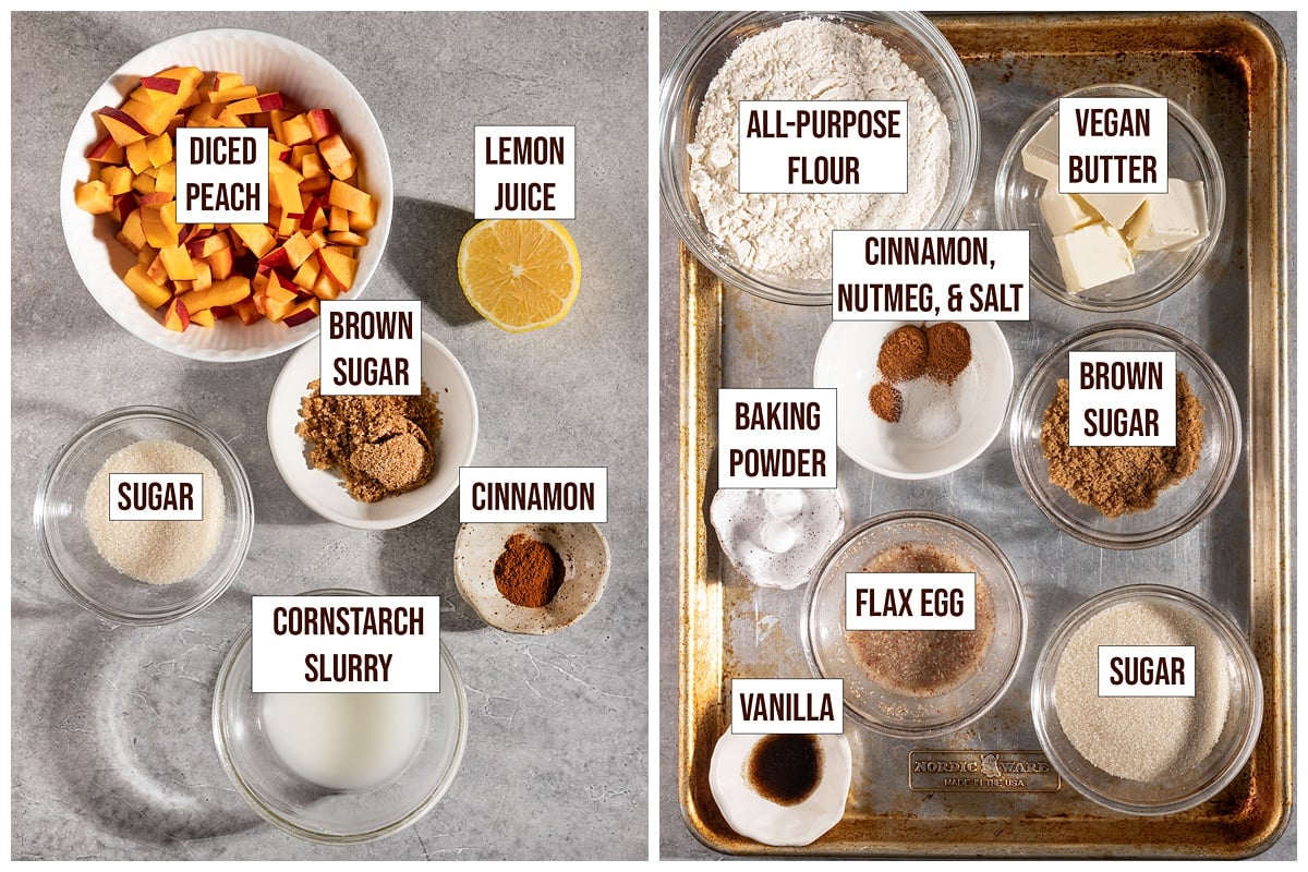 peach pie filling and spiced cookie dough ingredients.