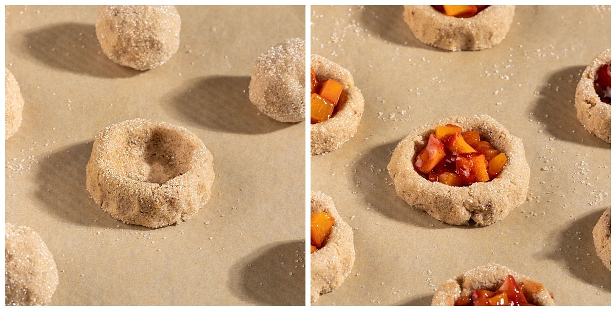 filling cookie dough balls with peach pie filling on baking sheet.