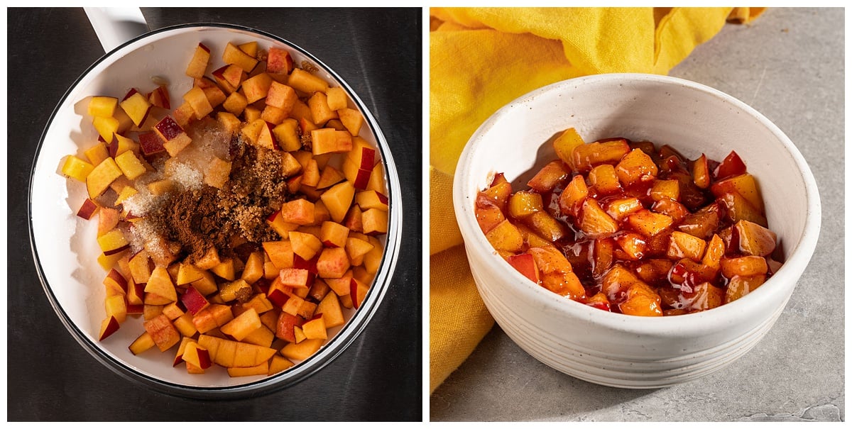 cooking peaches in sugar and lemon and bowl of cooked peach pie filling.