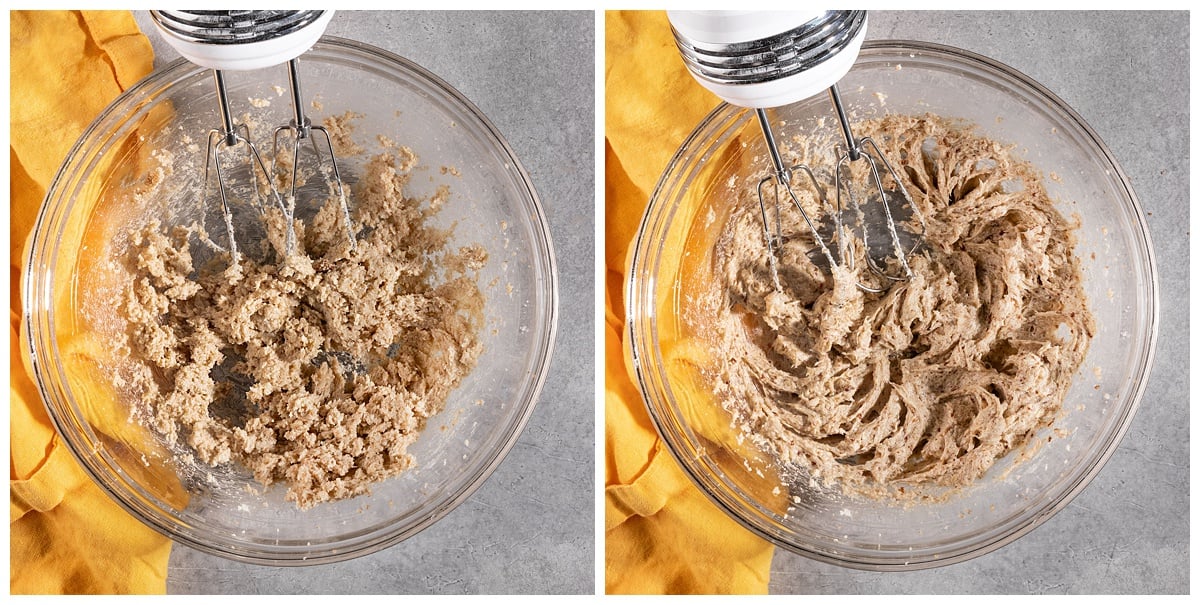 bowl of creamed butter and sugar and bowl of butter and sugar mixed with flax egg and vanilla.