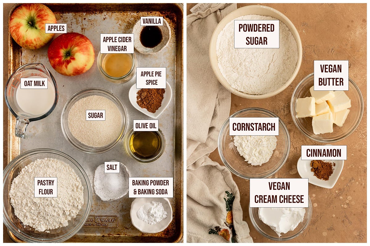 labeled ingredients for apple cake and cinnamon cream cheese frosting.