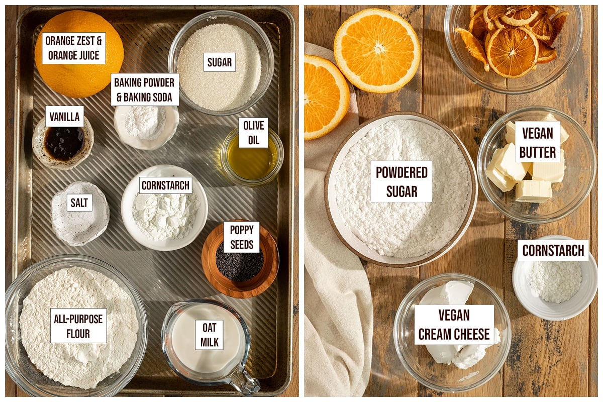 labeled ingredients for orange poppyseed cake and cream cheese frosting.