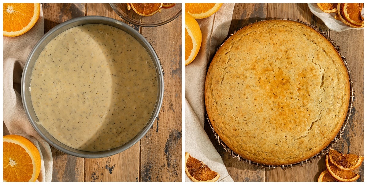 cake batter in pan and final baked cake surrounded by fresh and dried oranges.