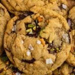 cookies with text overlay "vegan olive oil cookies with pistachios & chocolate!".