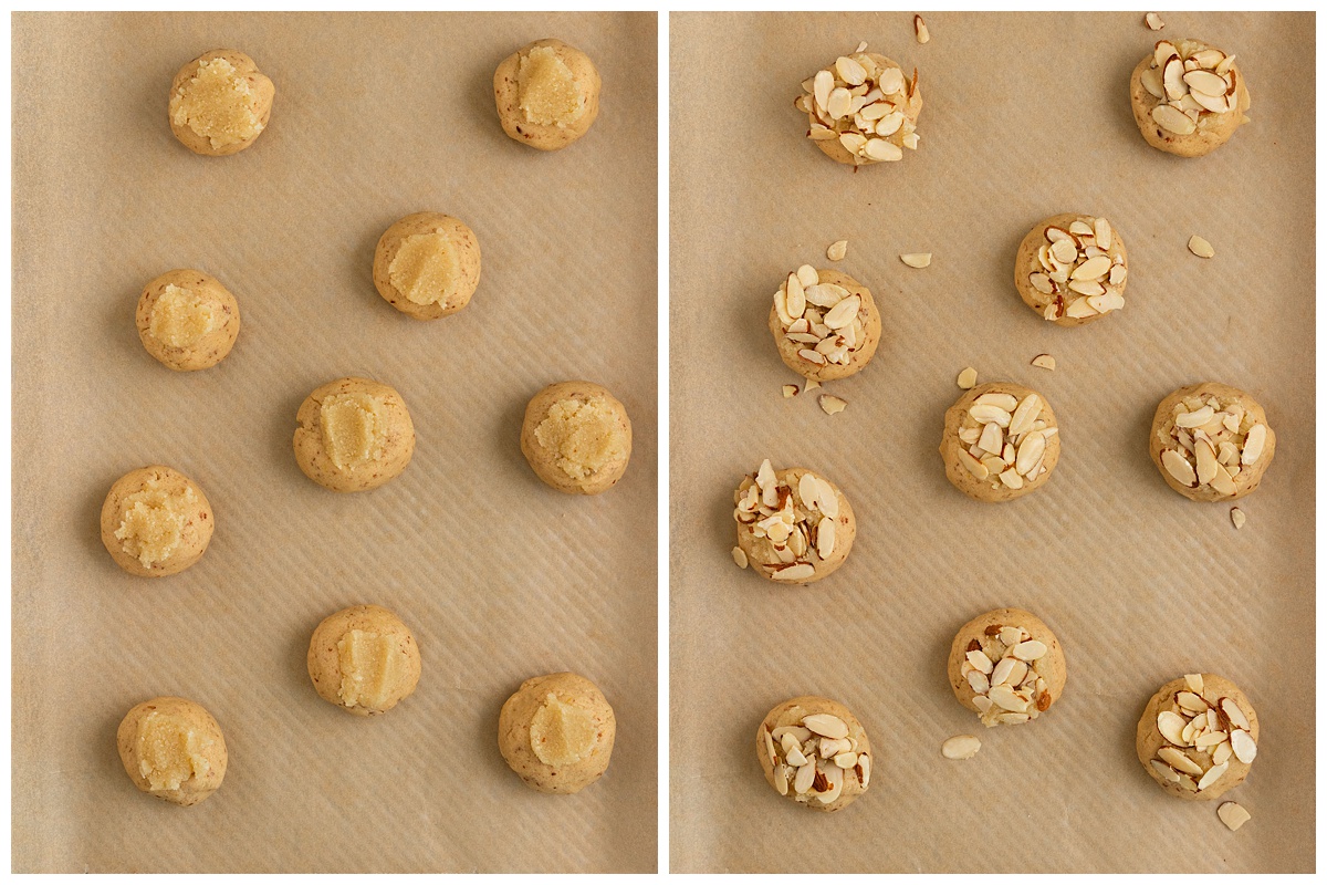 topping cookie dough balls with frangipane and sliced almonds.