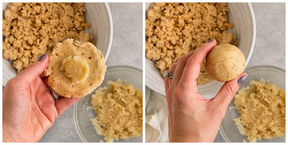adding frangipane to flattened cookie dough and rolling into ball.