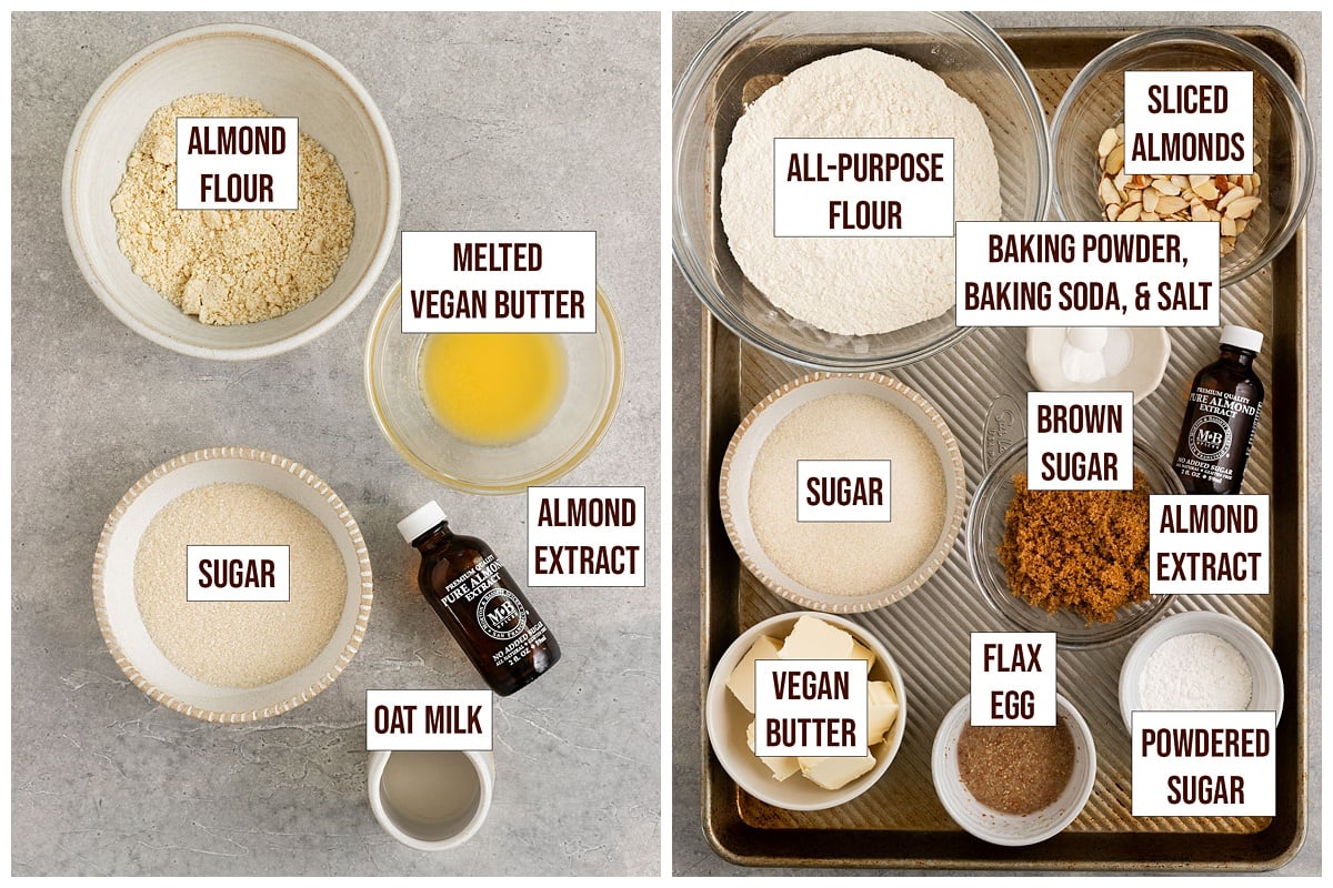 labeled ingredients for frangipane and almond croissant cookies.