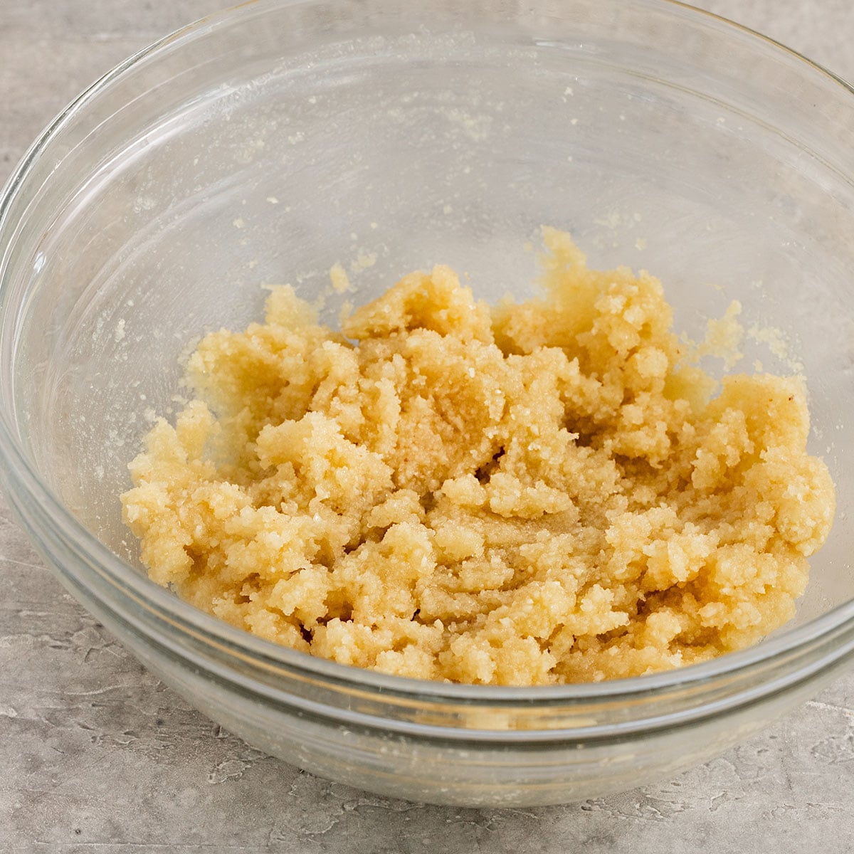 frangipane in glass mixing bowl.