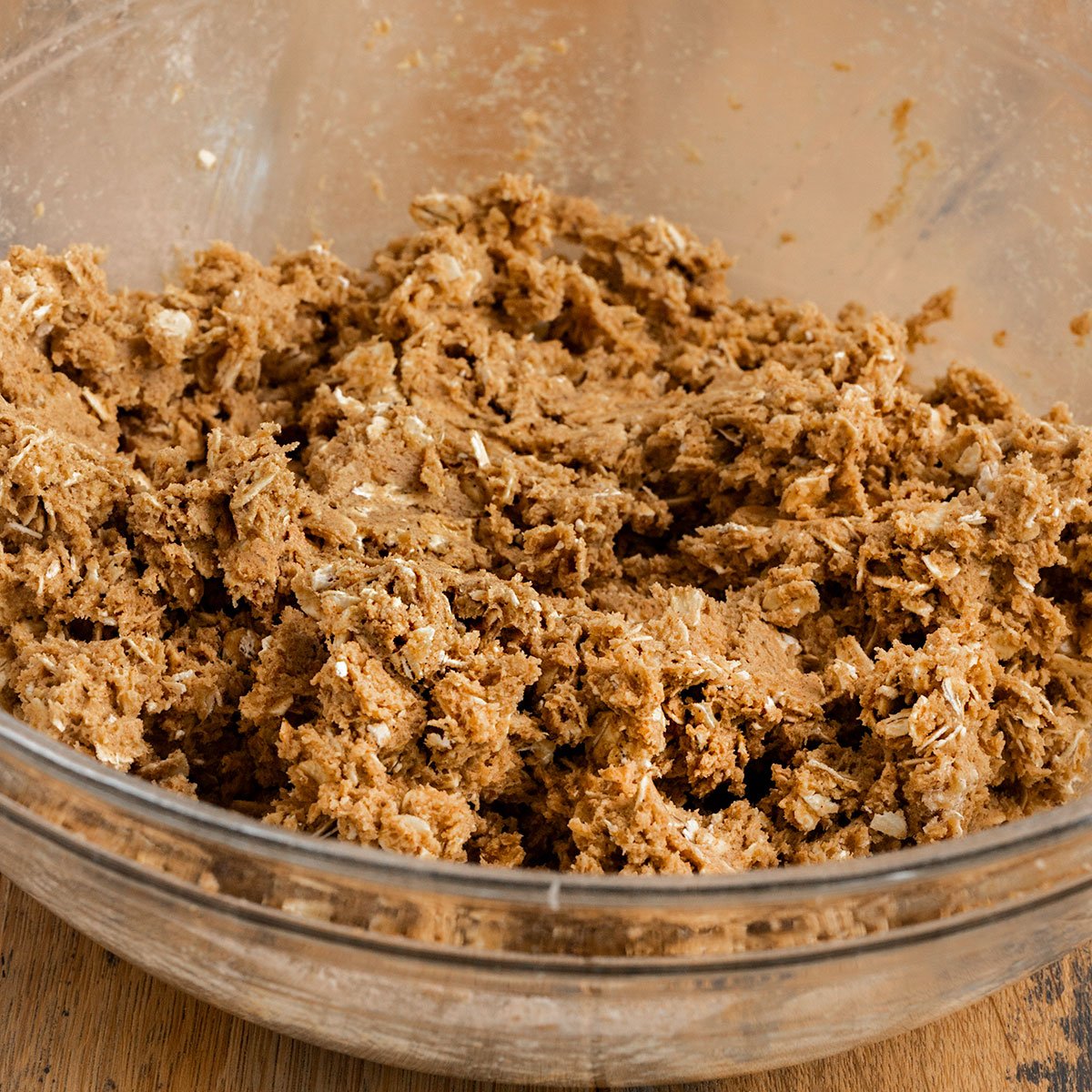 oatmeal cookie dough in a glass bowl.