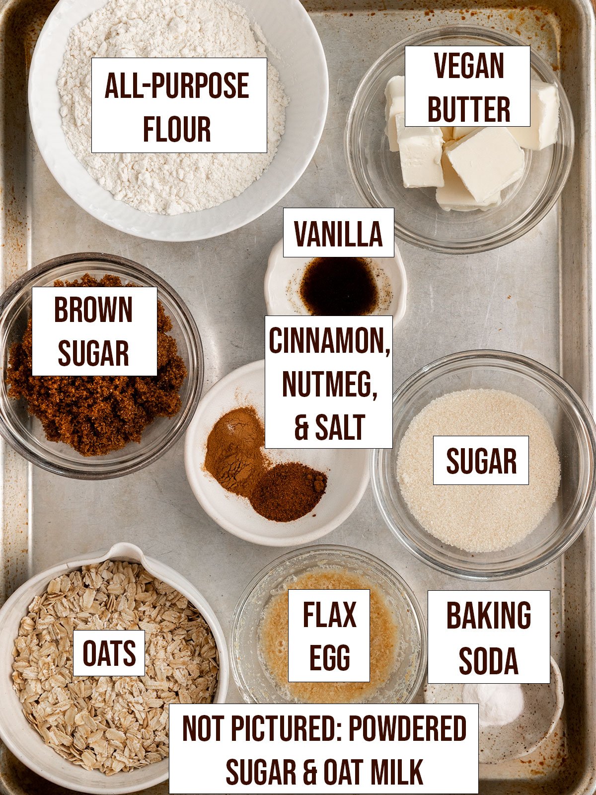 labeled ingredients for oatmeal cookies.