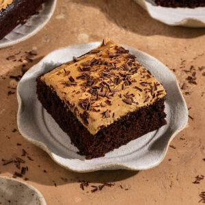 slice of chocolate cake with brown frosting and chocolate shavings on a plate surrounded by other slices of cake.