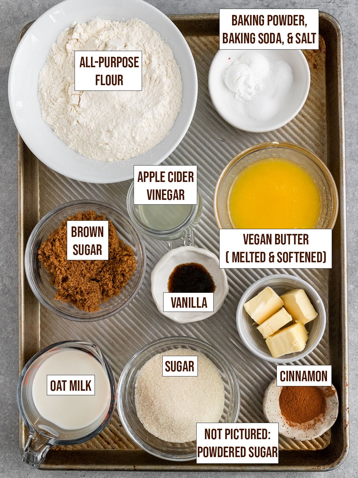 labeled ingredients for cinnamon sugar cake.