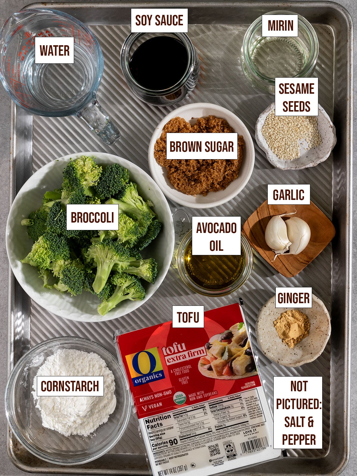tray of labeled ingredients including tofu, broccoli, garlic, ginger, cornstarch, mirin, brown sugar, soy sauce, water.
