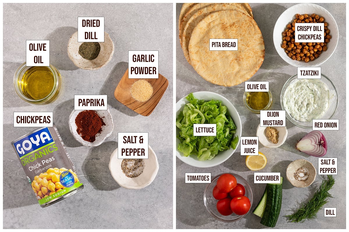 two pictures one for ingredients for dill chickpeas and one with ingredients for pita pockets.