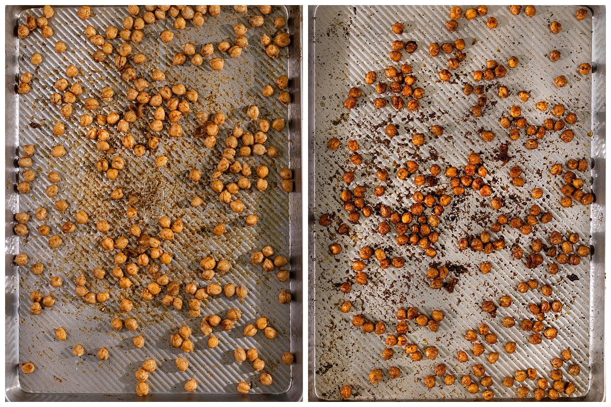 two trays of chickpeas seasoned with spices and oil before and after being roasted.
