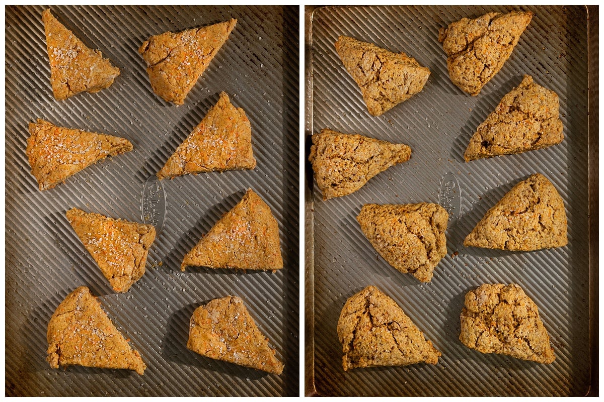 carrot cake scones on a baking tray before baking and after baking.