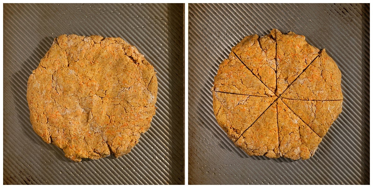 scone dough shaped as a disc on baking tray and then sliced into wedges.