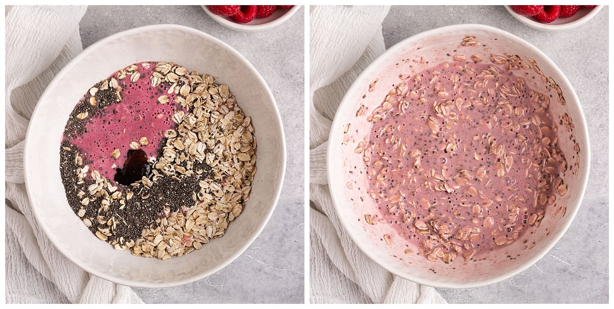bowl with raspberry overnight oat ingredients before and after mixing.