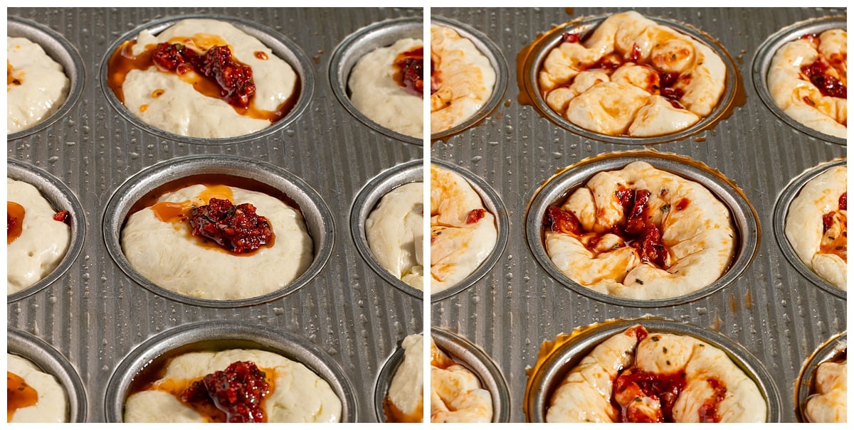 muffins tins with bread topped with a garlic tomato olive oil topping.