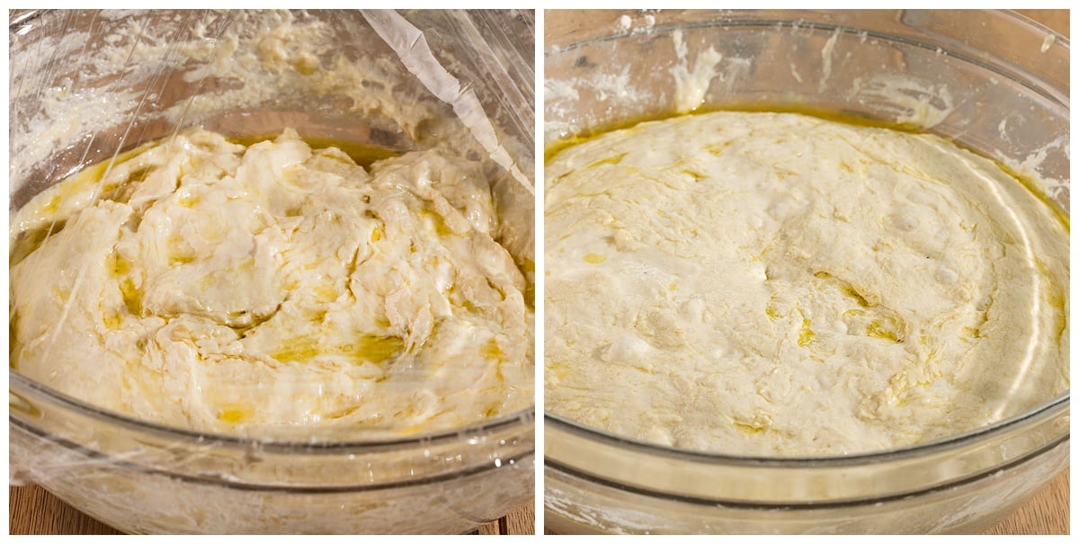 bowl of bread dough before first rise and after