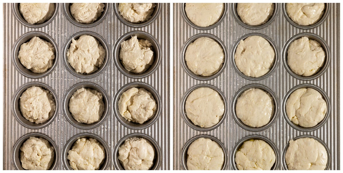 focaccia bread dough in muffins tins before second rise and after second rise.