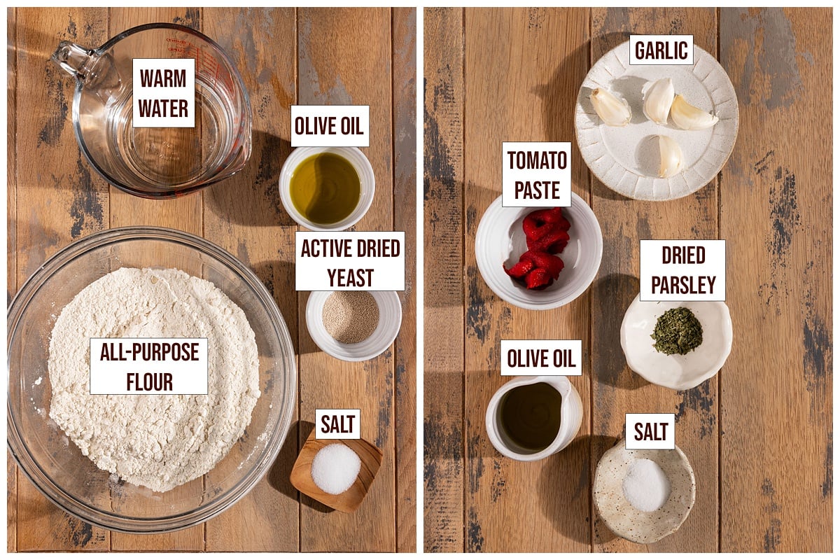 labeled ingredients in bowls including all-purpose flour, tomato paste, olive oil, water, yeast, salt, dried parsley, and garlic.