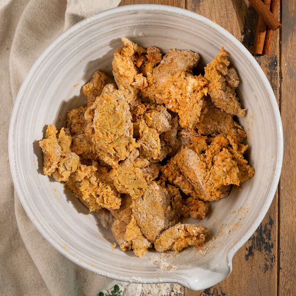 bowl of carrot cake scone dough.