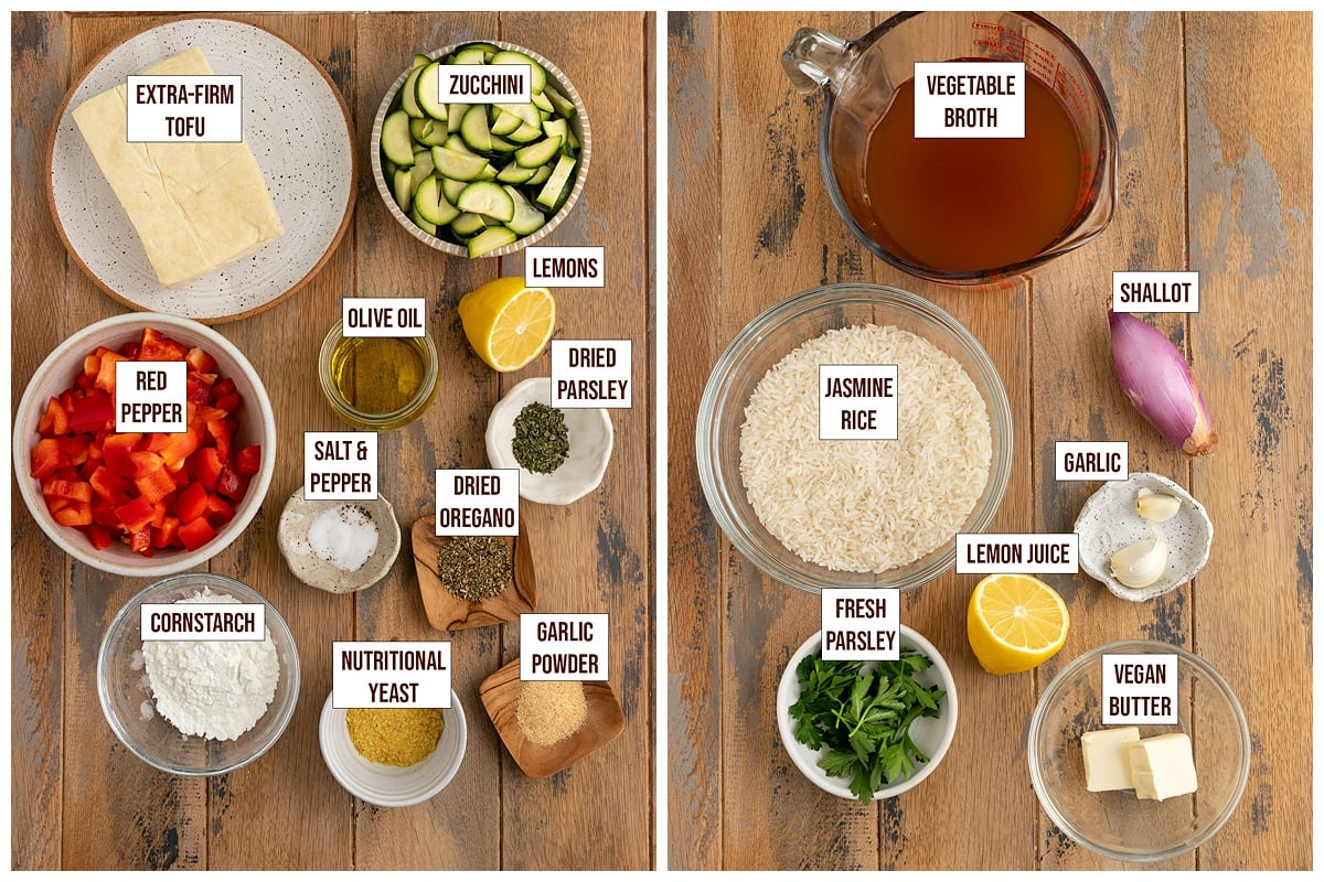 labeled ingredients for roasted vegetables, greek tofu, and lemon rice pilaf on wood board.