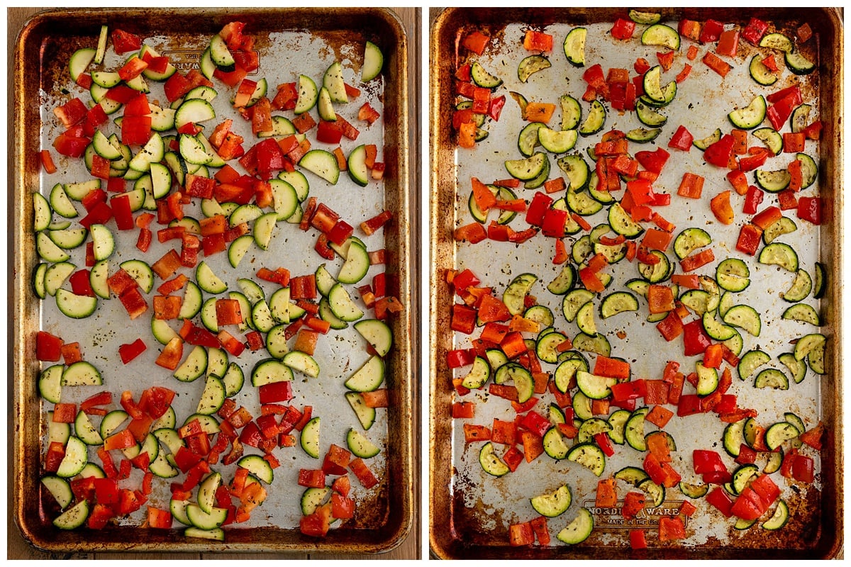 pan of sliced red peppers and zucchini before being cooked and after being roasted.