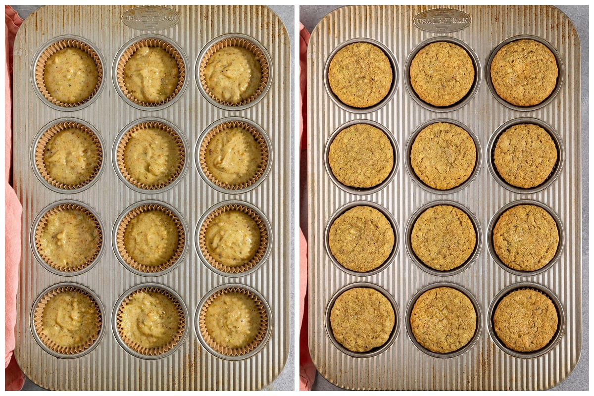 muffin tin filled with pistachio cupcake batter and then second image with them baked.