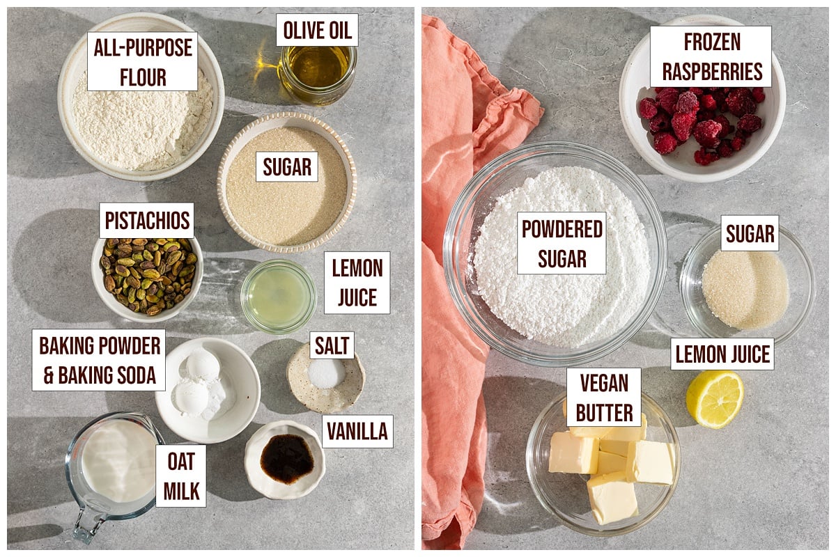 labeled ingredients for pistachio cupcakes and raspberry frosting.