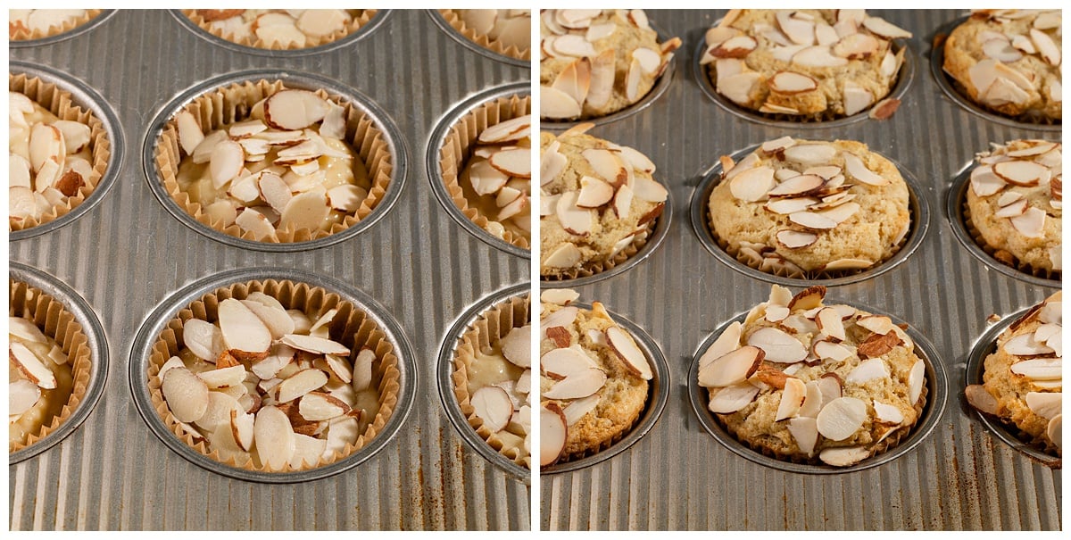 muffins topped with sliced almonds before and after baking.