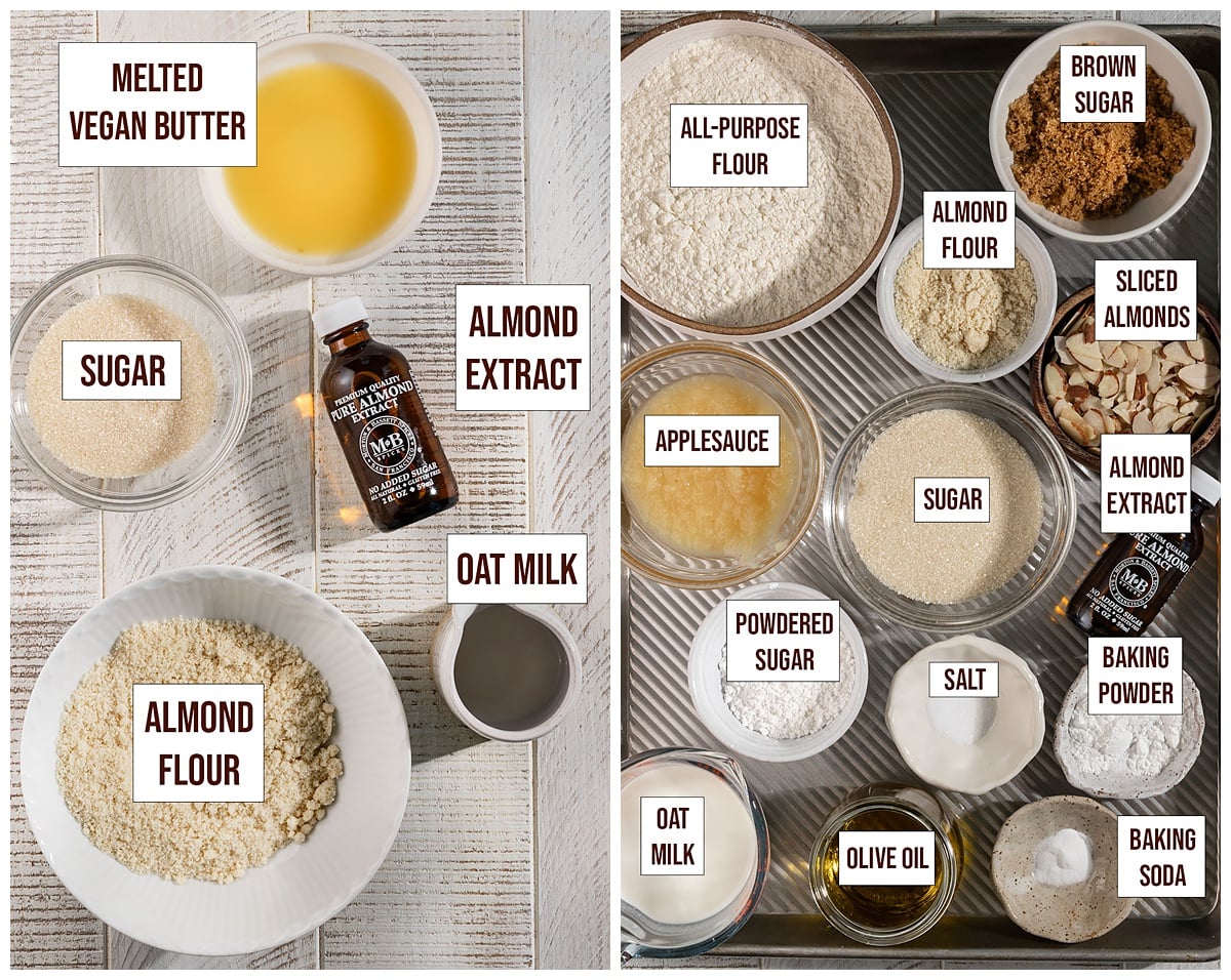 labeled ingredients for almond frangipane and almond muffin batter.
