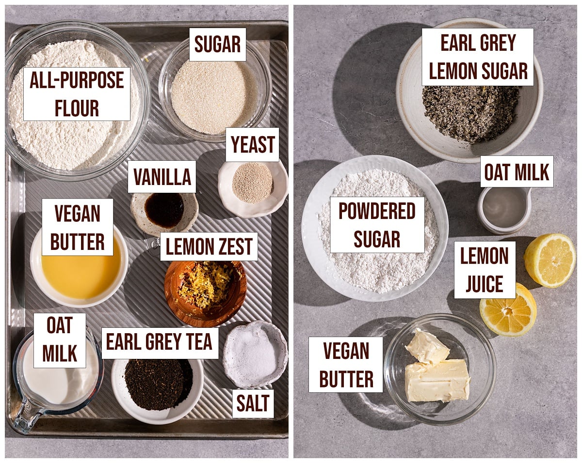 labeled ingredients for earl grey lemon rolls and earl grey lemon butter and lemon icing."