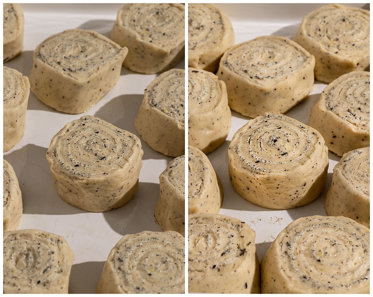 two pictures of earl grey sweet rolls with swirls of earl grey sugar in a baking pan before and after rising.